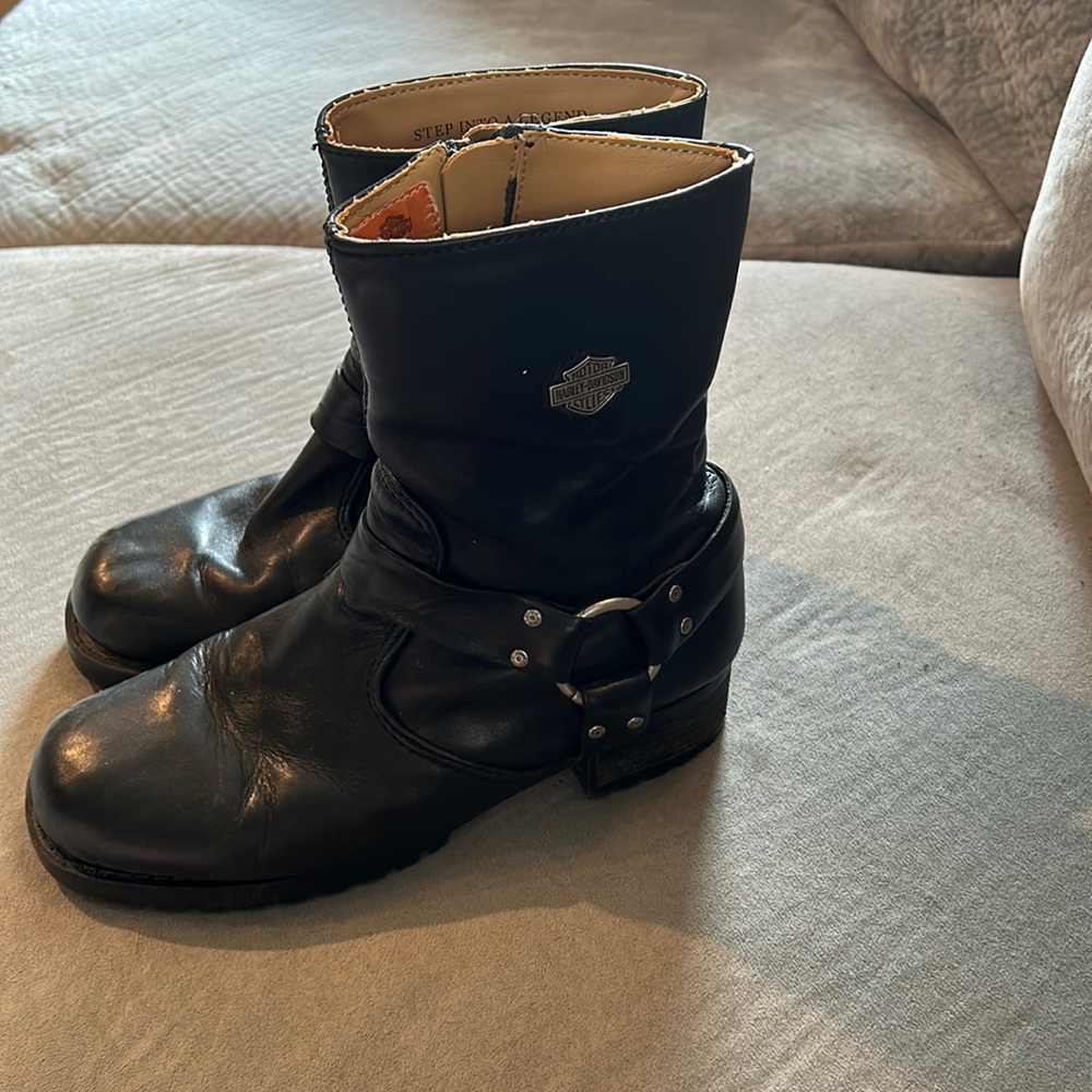 Harley Davidson short leather harness chunky lug square toe motorcycle boots 8.5